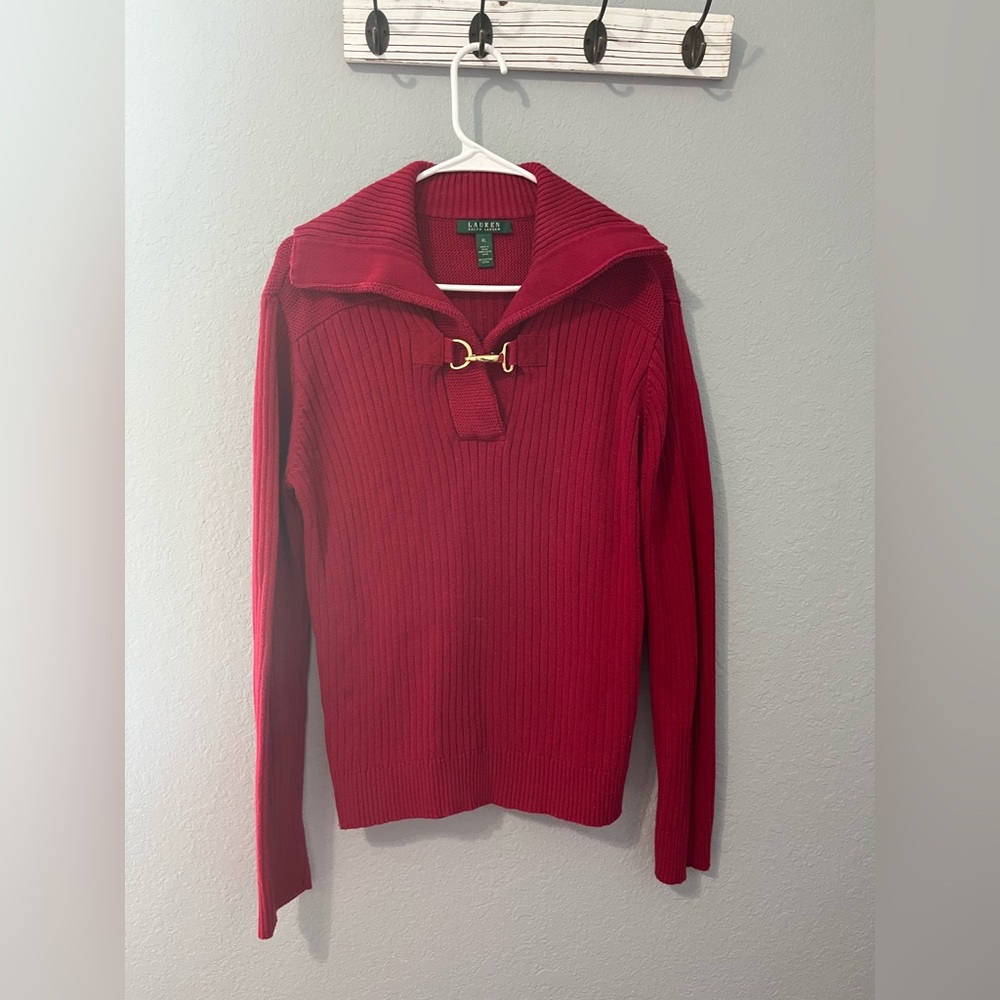 Lauren Ralph Lauren Red Ribbed Sweater with Gold Hardware